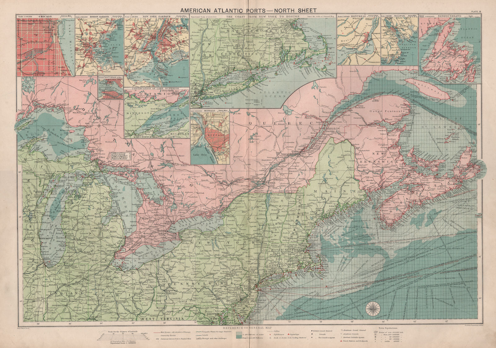 US Canada Atlantic & Great Lakes ports sea chart. Lighthouses &c LARGE 1918 map